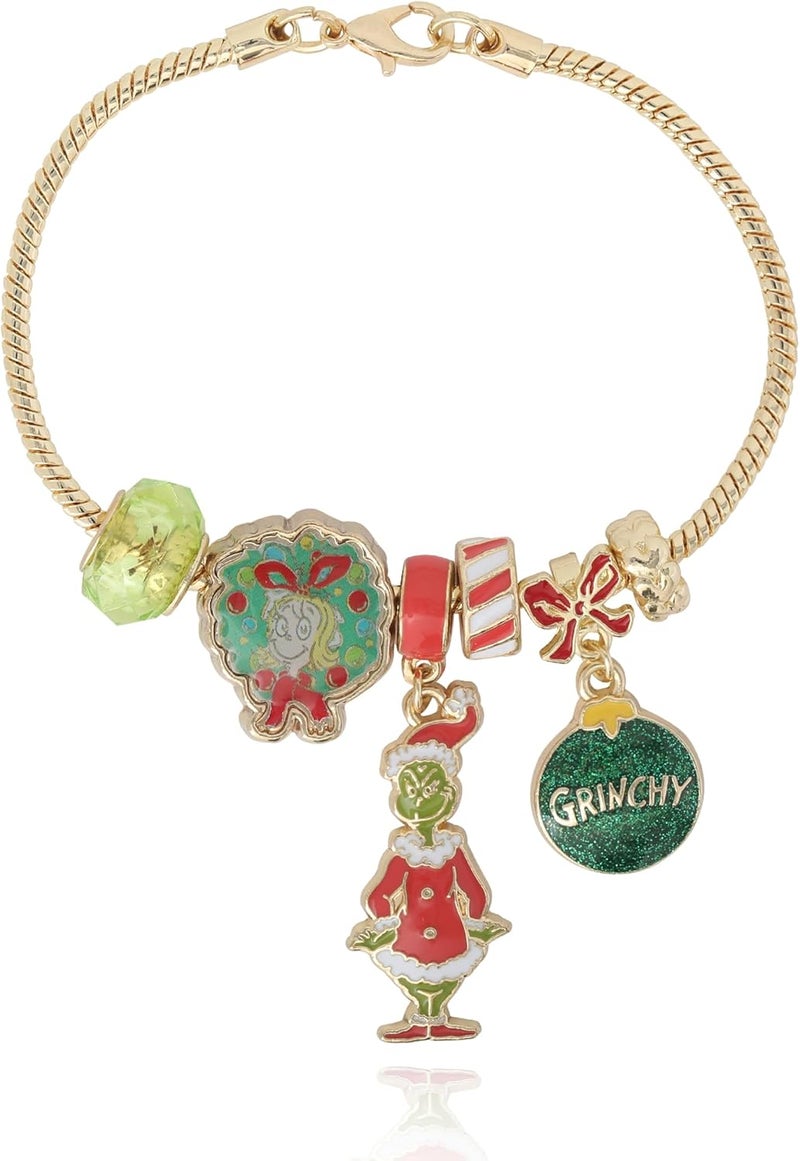 SALLY ROSE The Grinch Charm Bracelet for Women 7", Gold-Tone Grinch Jewelry Official License, Christmas Bracelets - Image 1